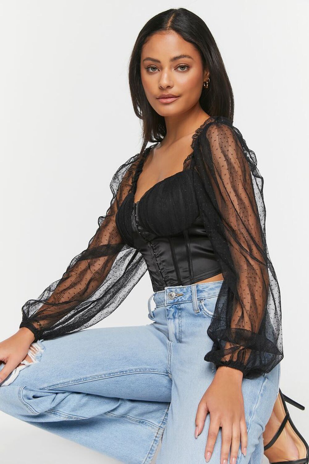 

Атласный топ-бюстье в горошек Forever 21, черный