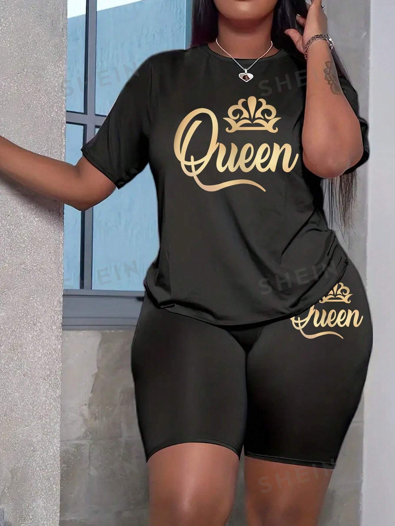 SHEIN Slayr - женский комплект из футболки и шорт с короткими рукавами и принтом короны и букв, черный