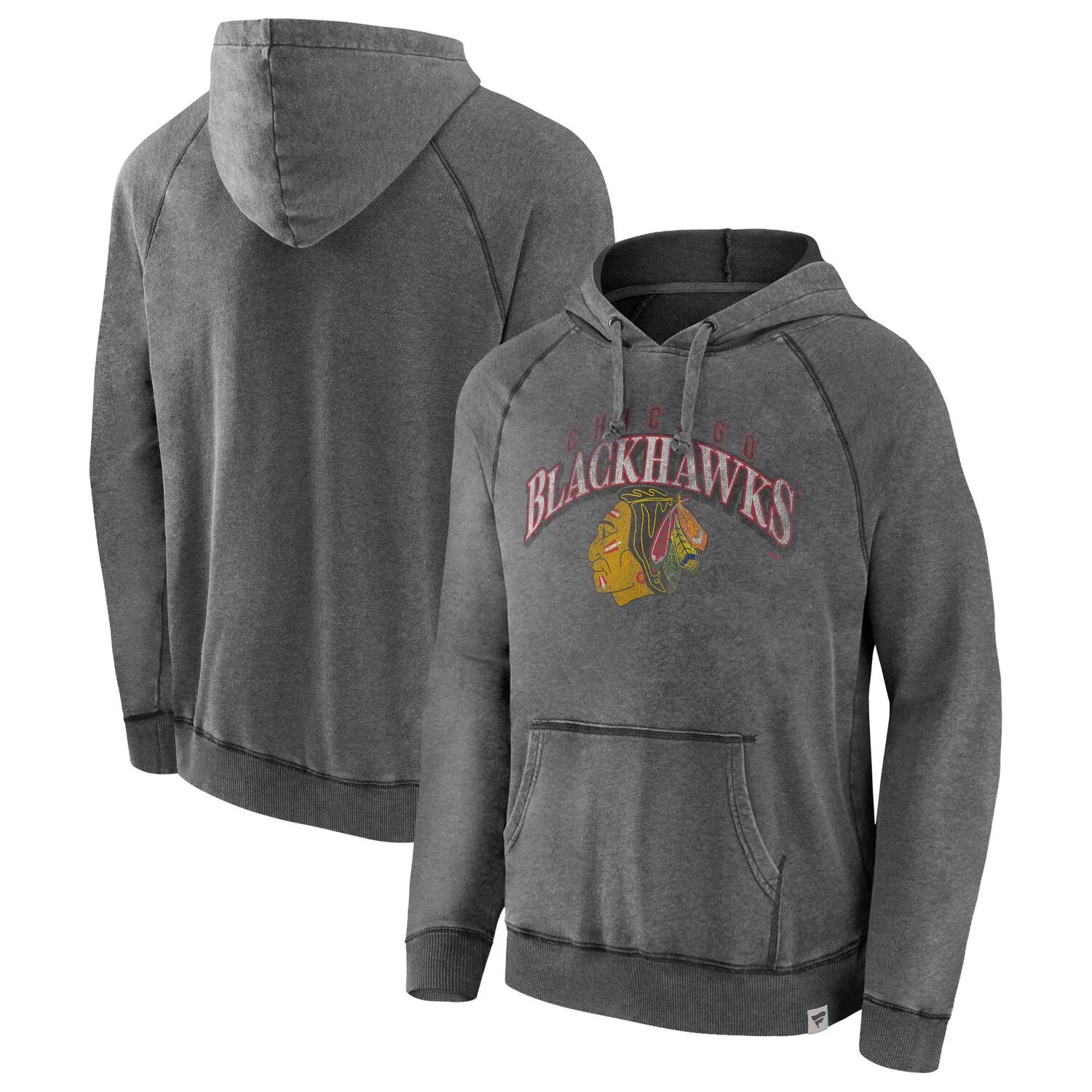 цена Мужской серый пуловер с капюшоном Fanatics с логотипом Chicago Blackhawks Heritage Broken Ice, пуловер реглан с капюшоном