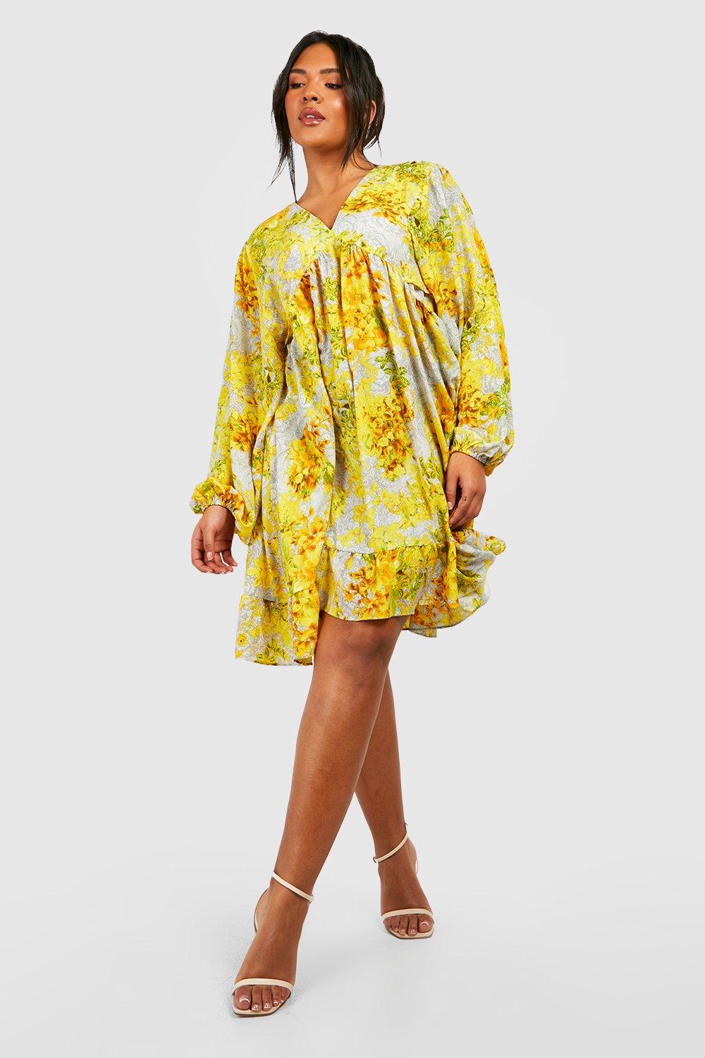 Платье с цветочными обрюками по низу Boohoo, желтый