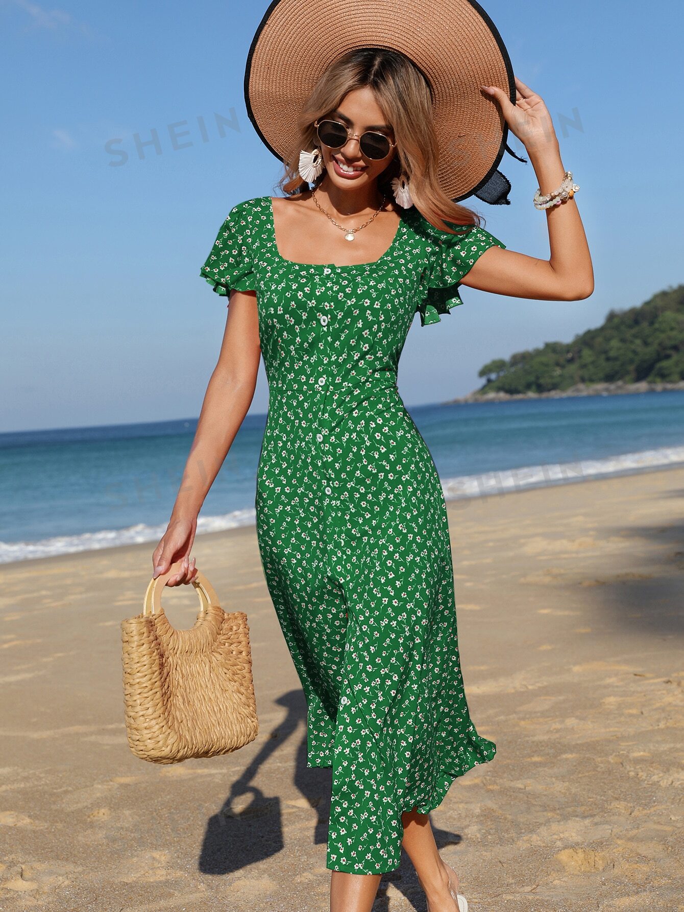 цена SHEIN Frenchy женское платье с короткими рукавами и цветочным принтом, зеленый