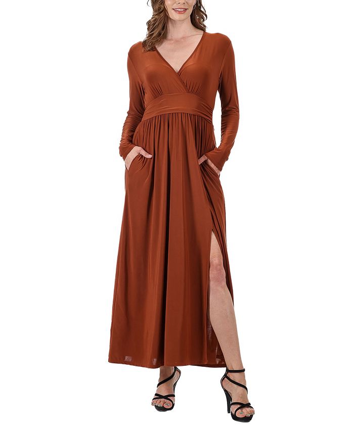 Женское платье макси с V-образным вырезом и длинным рукавом с боковым разрезом 24seven Comfort Apparel, коричневый