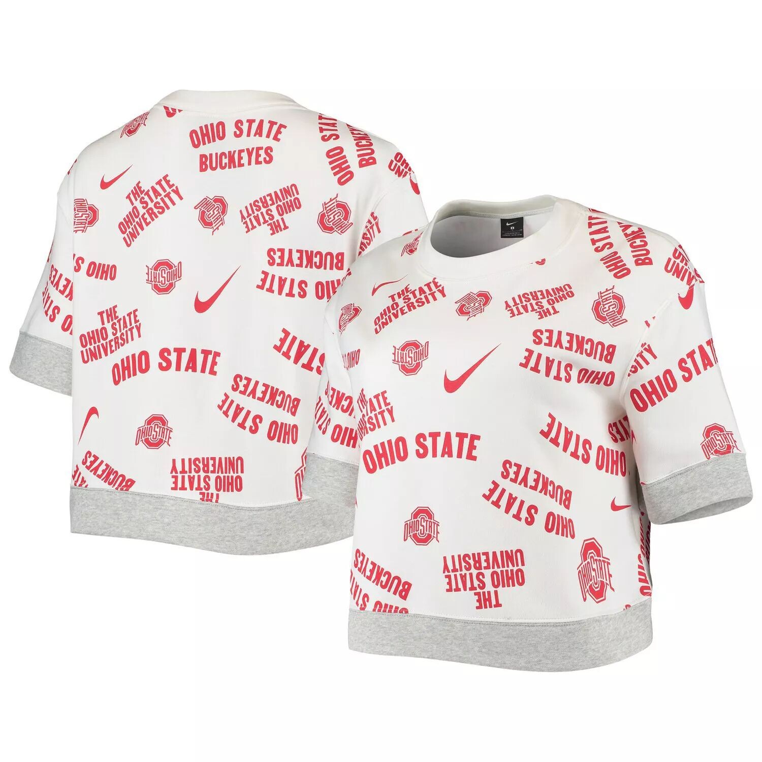

Женская укороченная футболка из трех смесей Nike White/Hearted Grey Ohio State Buckeyes со сплошным принтом Trend Nike