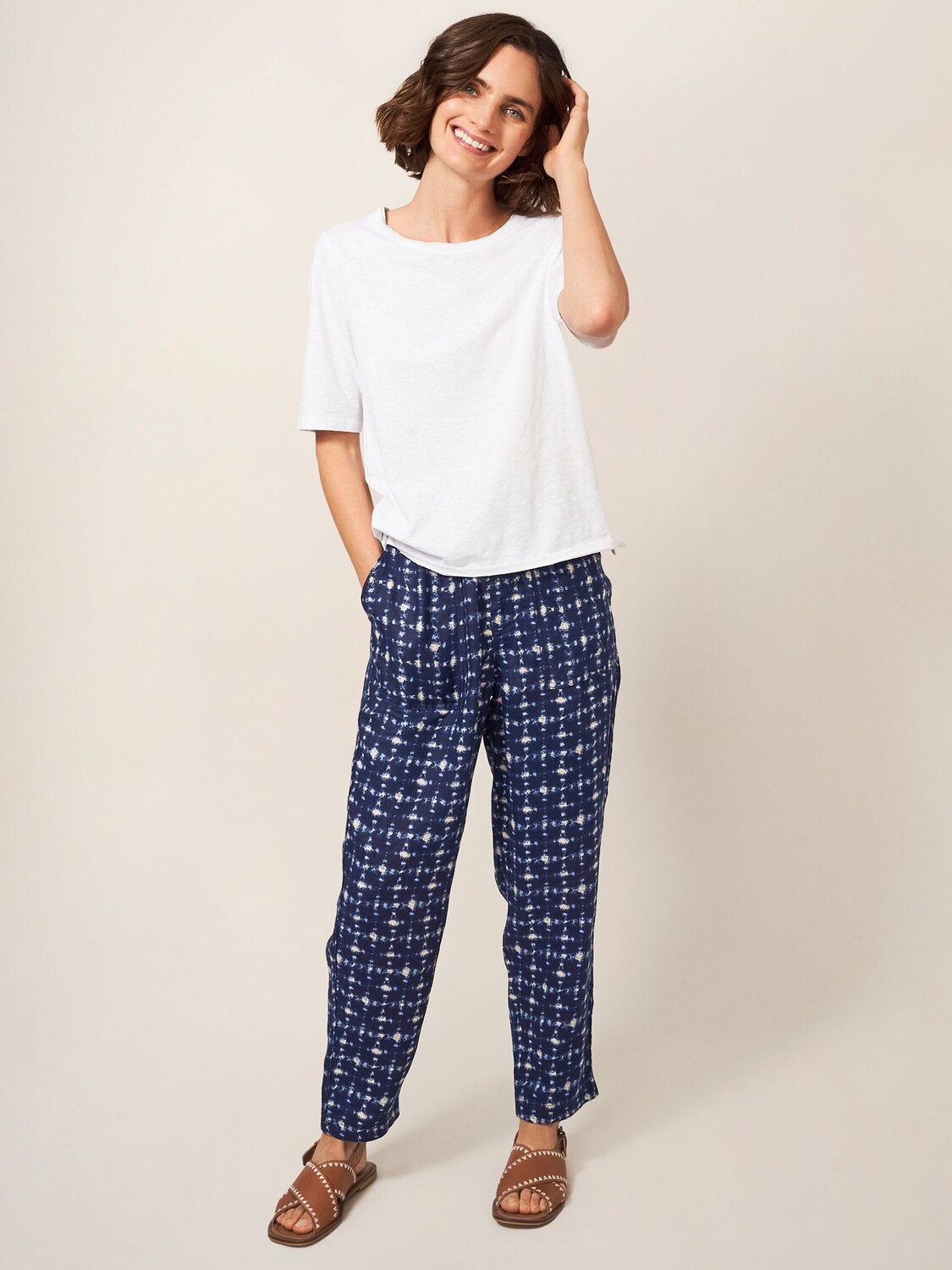 

Брюки White Stuff Effie Linen Abstract, темно-синие, Синий
