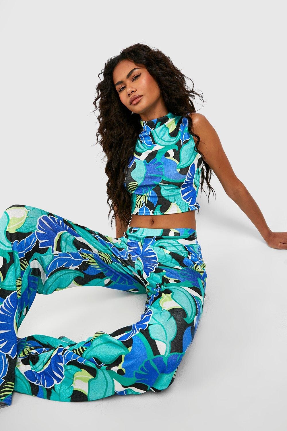 

Объединенный топ с капюшоном гавайского принта из ацетата Boohoo, синий