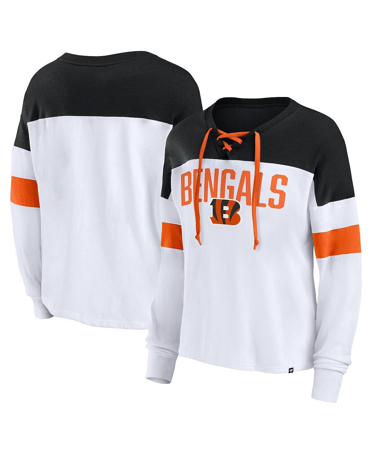

Женская фирменная бело-черная футболка Cincinnati Bengals Even Match с длинными рукавами и v-образным вырезом на шнуровке Fanatics