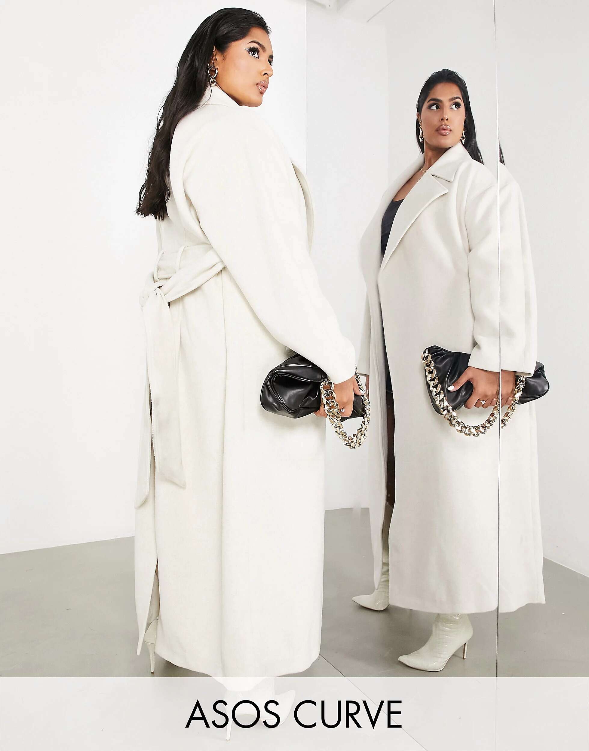 Кремовое длинное пальто из смесовой шерсти с поясом ASOS пальто из шерсти с поясом