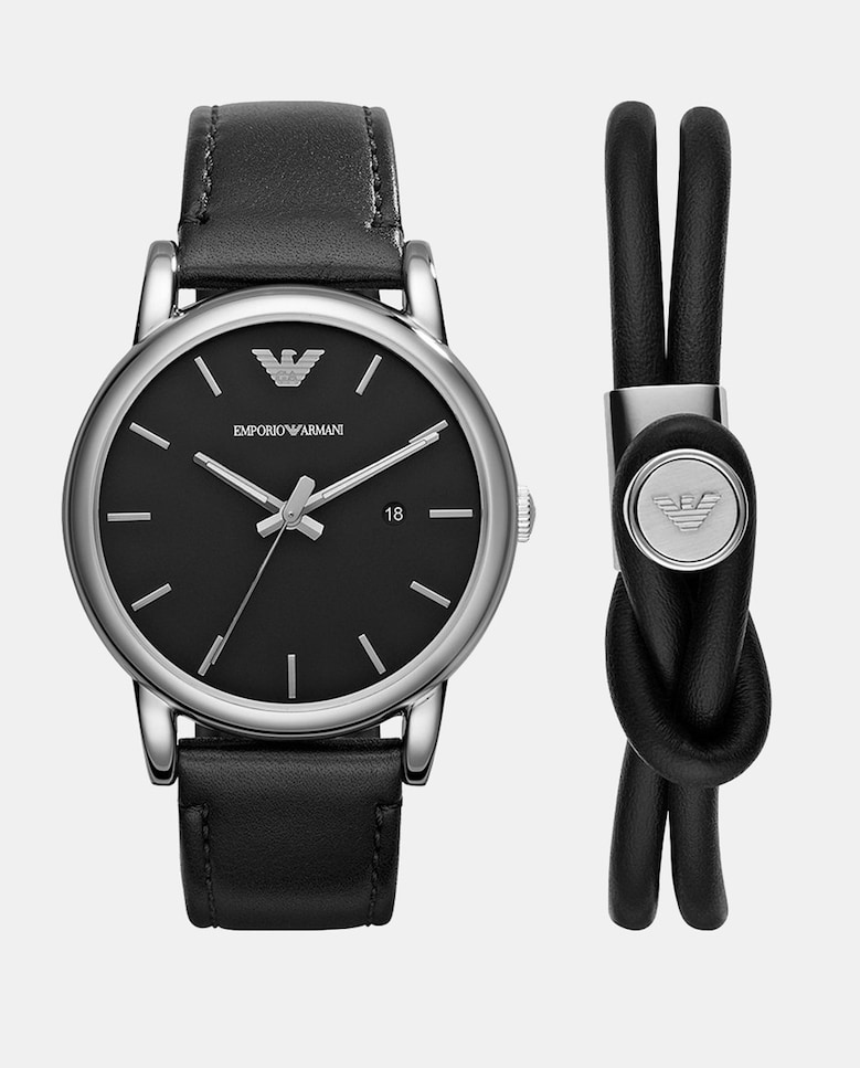 

AR80059 комплект мужских черных кожаных часов и браслета Emporio Armani, черный