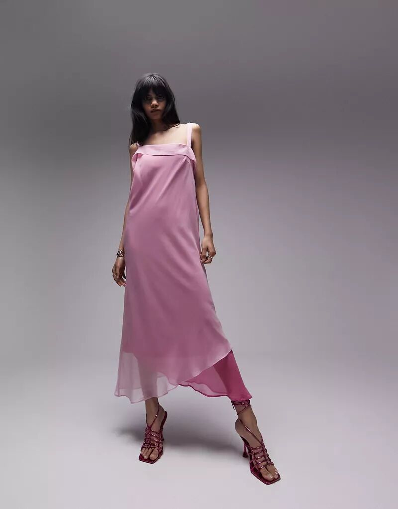 цена Двухцветное розовое платье миди с бретельками Topshop