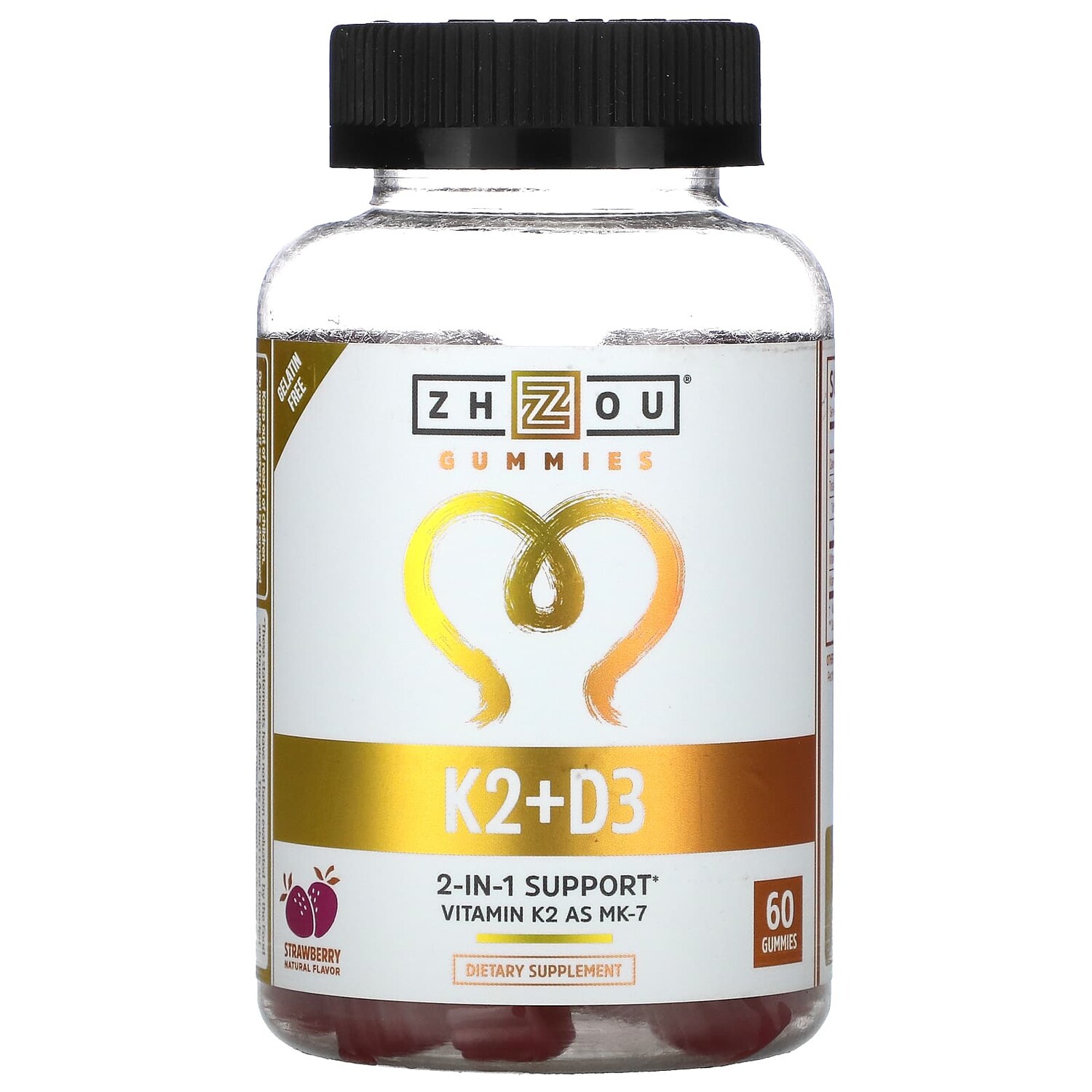 

K2 + D3, клубника, 60 жевательных таблеток, Zhou Nutrition