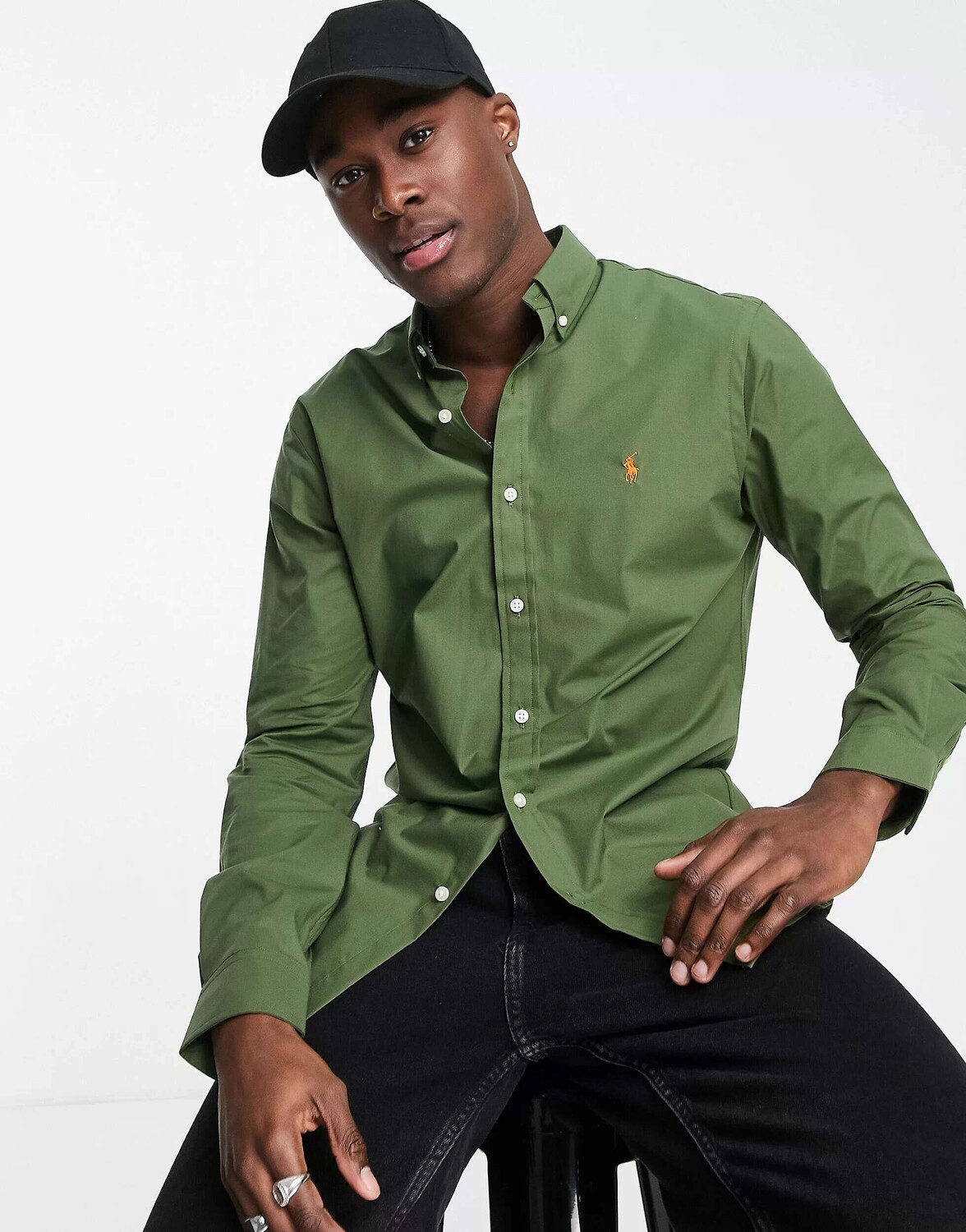 

Оливково-зеленая рубашка узкого кроя из поплина с логотипом Polo Ralph Lauren