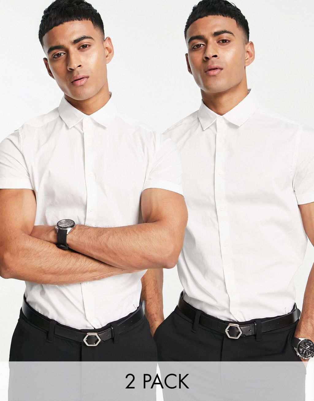 

Комплект белых эластичных рабочих рубашек узкого кроя ASOS DESIGN (2 шт.)