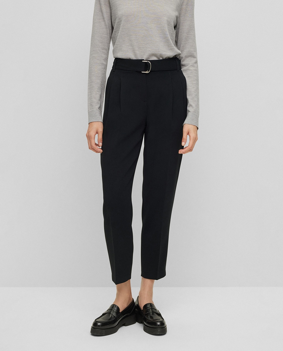Женские брюки из крепа стандартного кроя с присборенным поясом Boss, черный