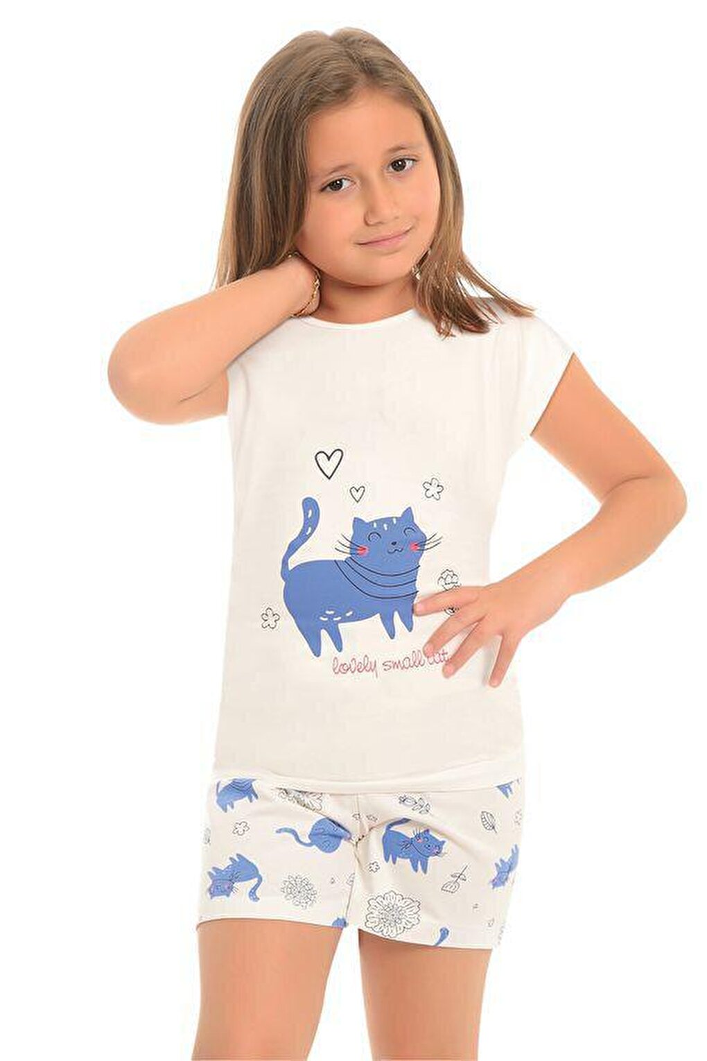 цена Хлопковые шорты с короткими рукавами и рисунком, пижамный комплект для девочек LITTLE FROG KIDS, экрю-беби-голубой