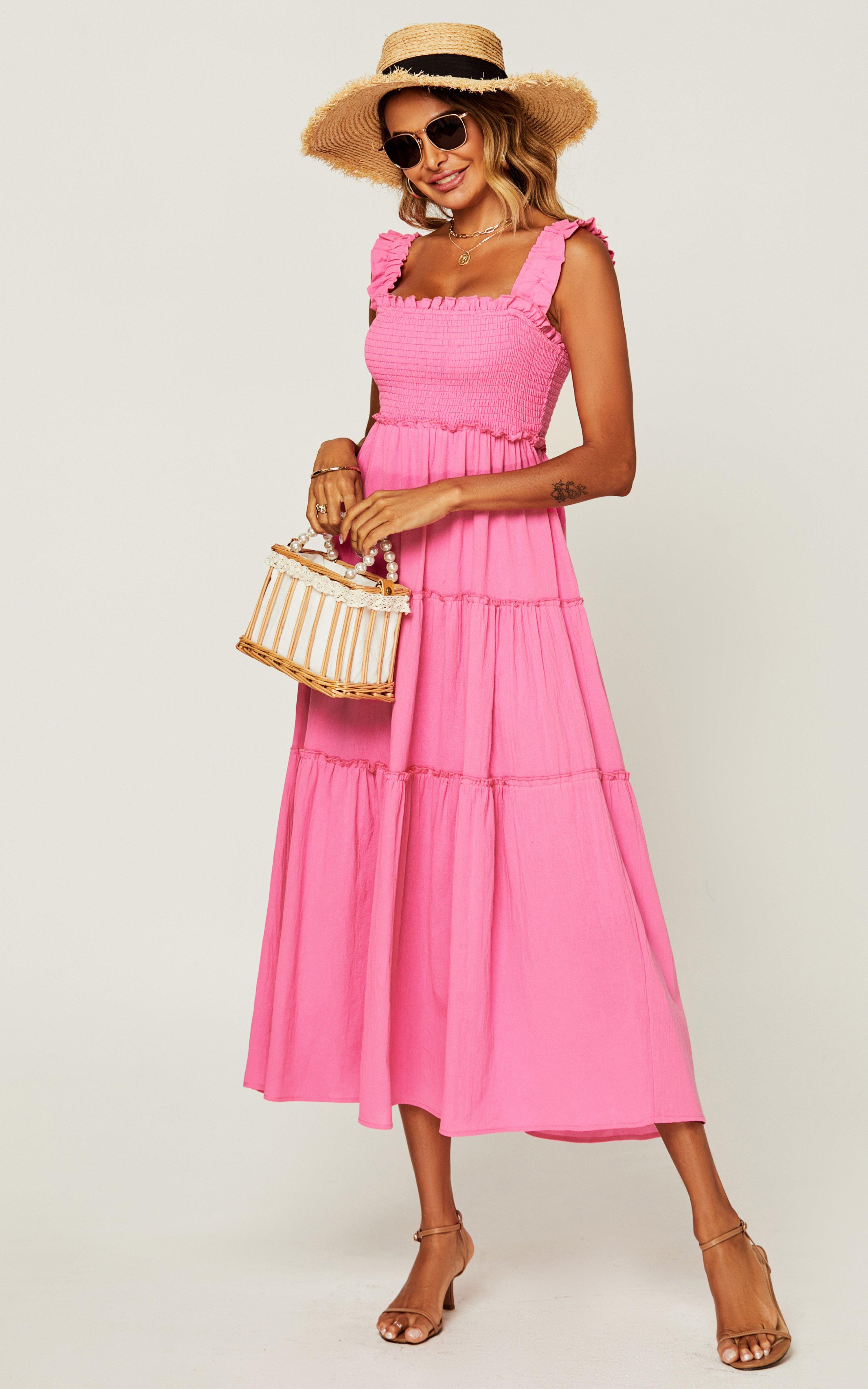 Многоярусное платье макси с отделкой по подолу (розовая фуксия) FS Collection, розовый мини платье цвета фуксии network