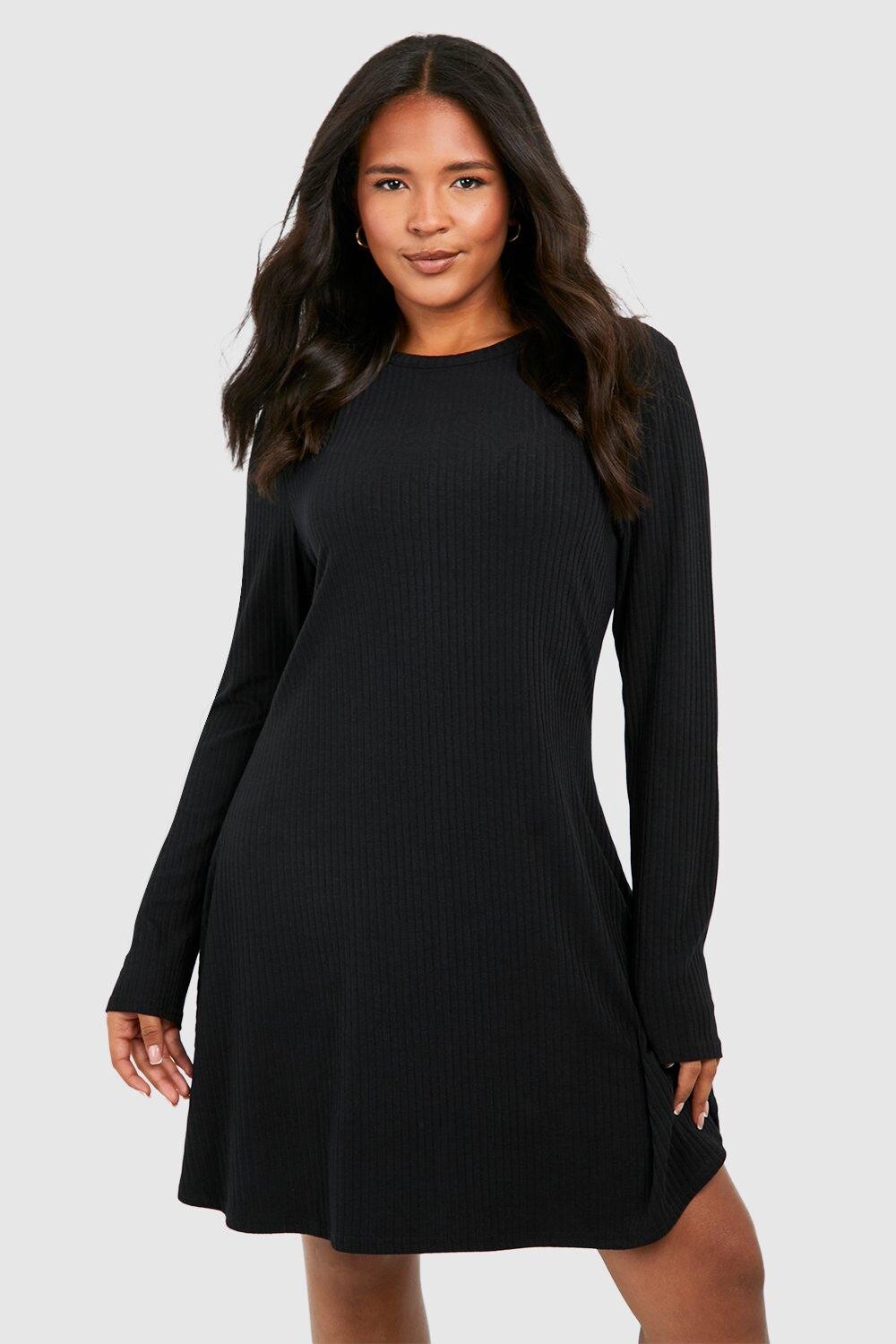 

Мягкое свободное платье в рубчик с круглым вырезом Plus boohoo, черный
