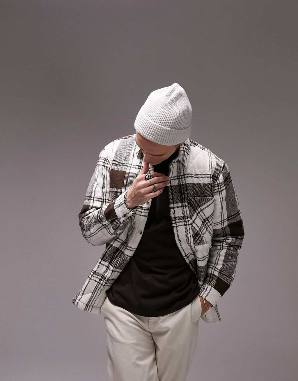 

Кремовая стеганая рубашка в клетку Topman