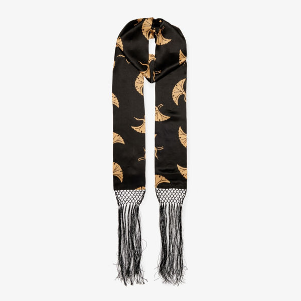 Шелковый шарф с кисточками и принтом в виде птиц Dries Van Noten, черный