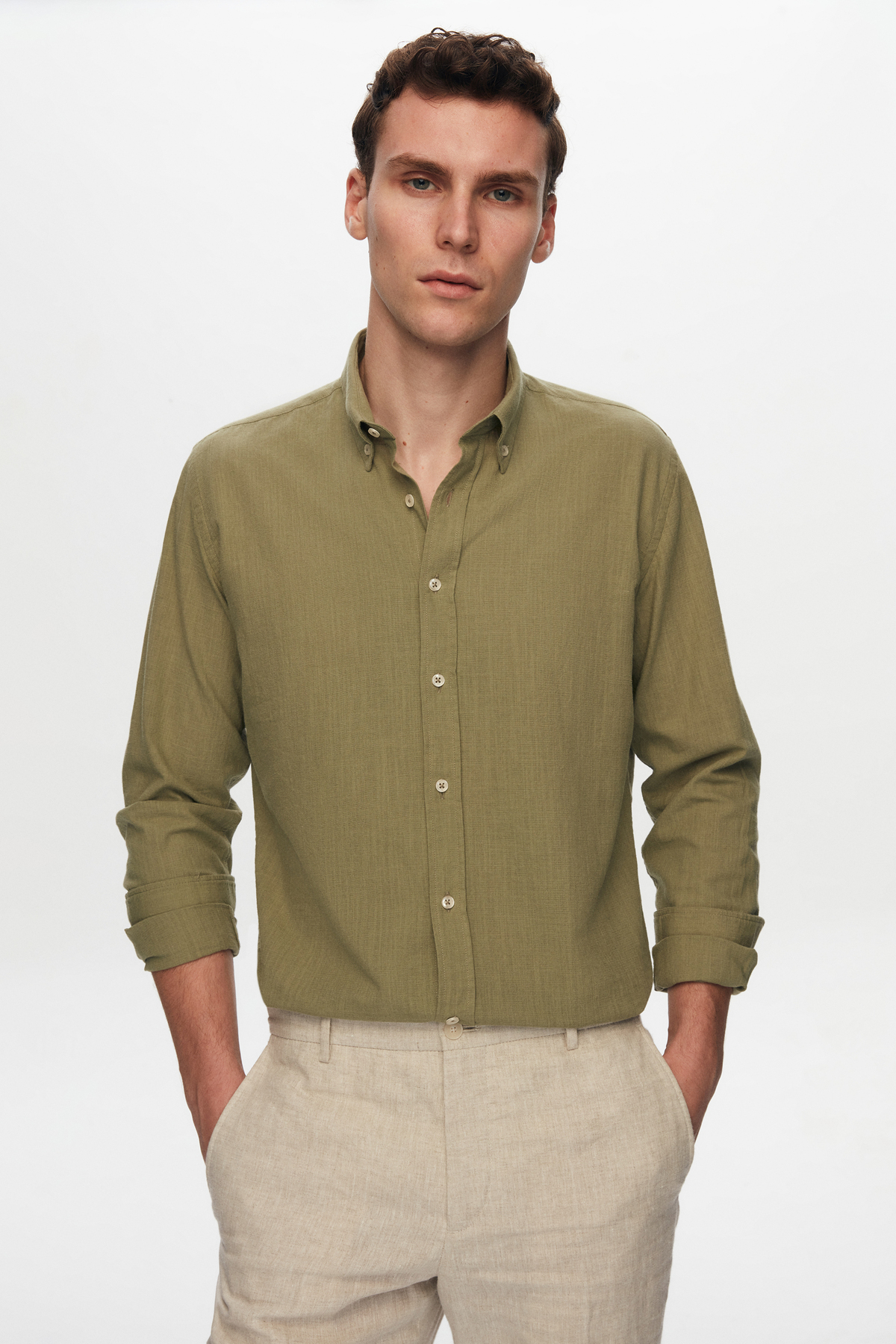 цена Зеленая льняная рубашка приталенного кроя D'S Damat, зеленый