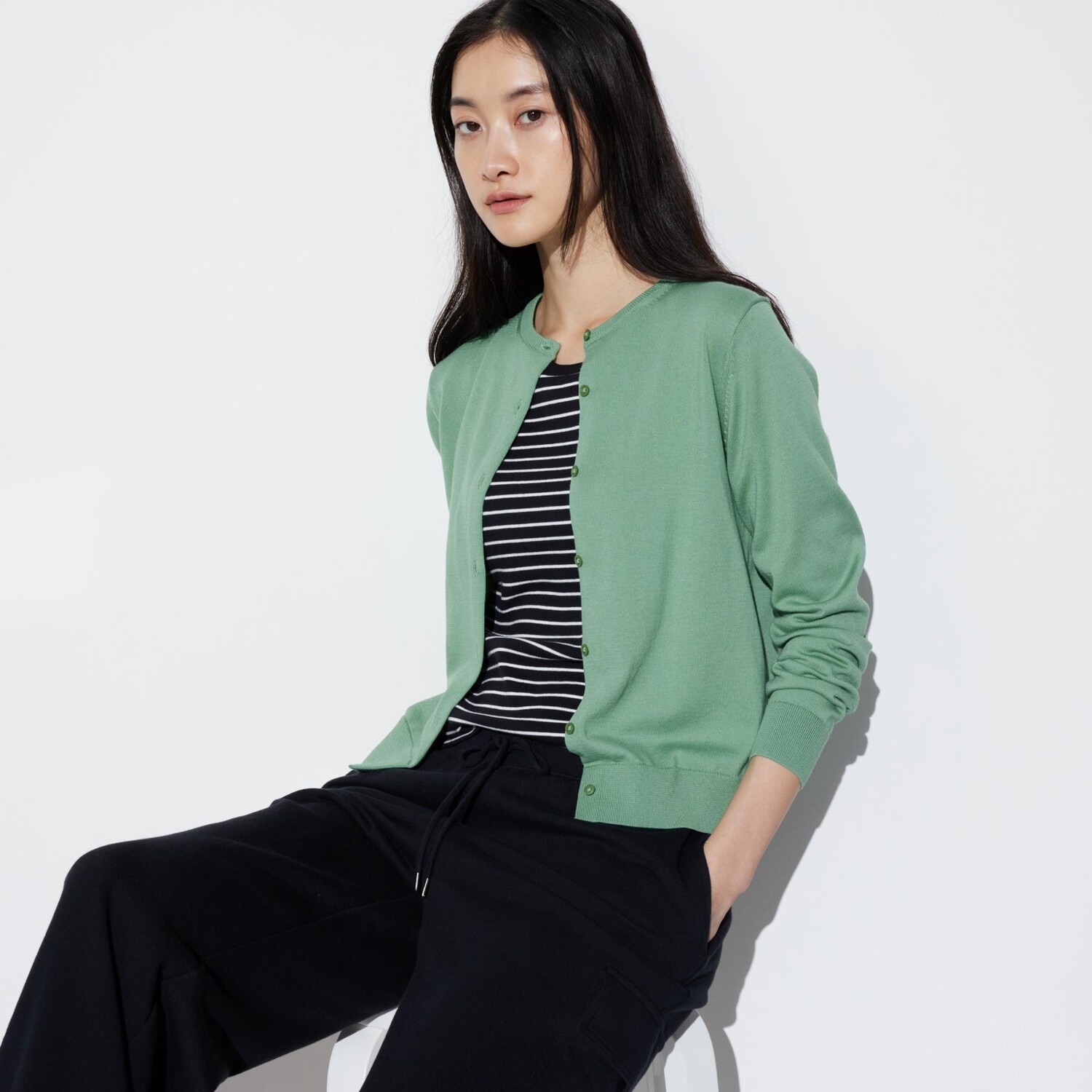 

Кардиган Uniqlo женский с круглым вырезом и длинными рукавами, зеленый