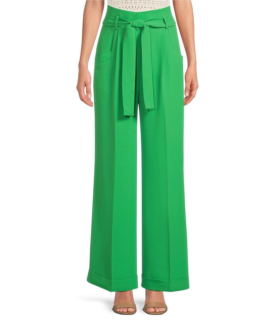 Tara Jarmon Vert Широкие брюки из тканого крепа с завязкой на талии и складками спереди и манжетами спереди, зеленый