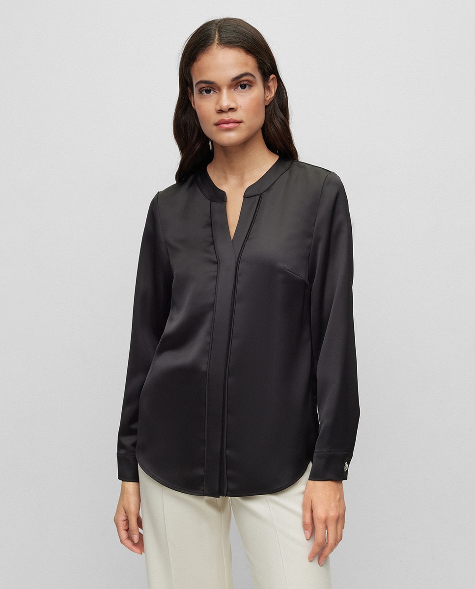 Женская блузка приталенного кроя с V-образным вырезом из плотного атласа Boss, черный женская рубашка с v образным вырезом осенняя блузка из полиэстера с длинными рукавами v образным вырезом и кружевной вставкой