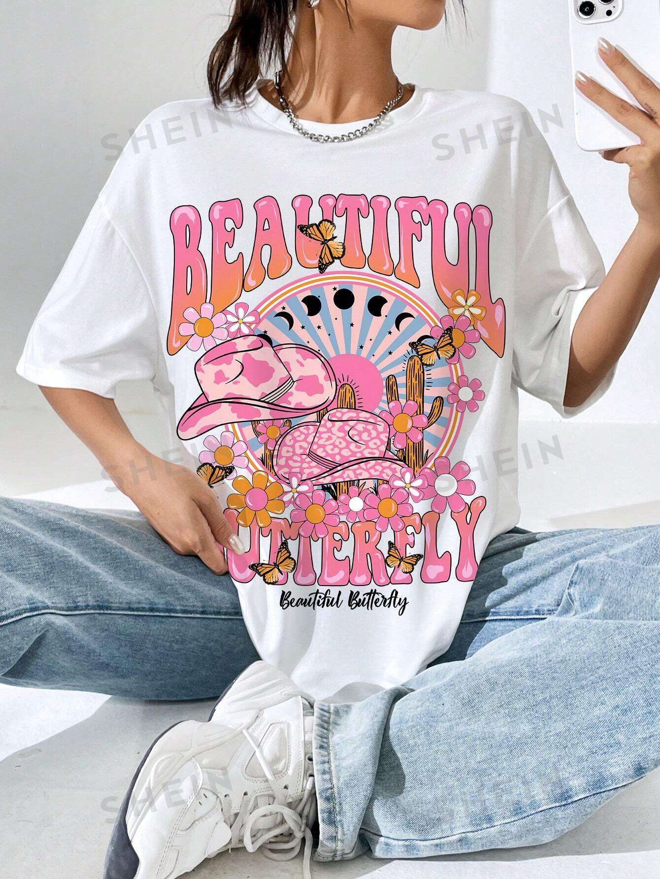 SHEIN EZwear Повседневная женская футболка свободного кроя с круглым вырезом и короткими рукавами с узором акулы, белый повседневная футболка с принтом фигуры футболка с графическим рисунком летний женский топ с круглым вырезом свободная рубашка с коротким
