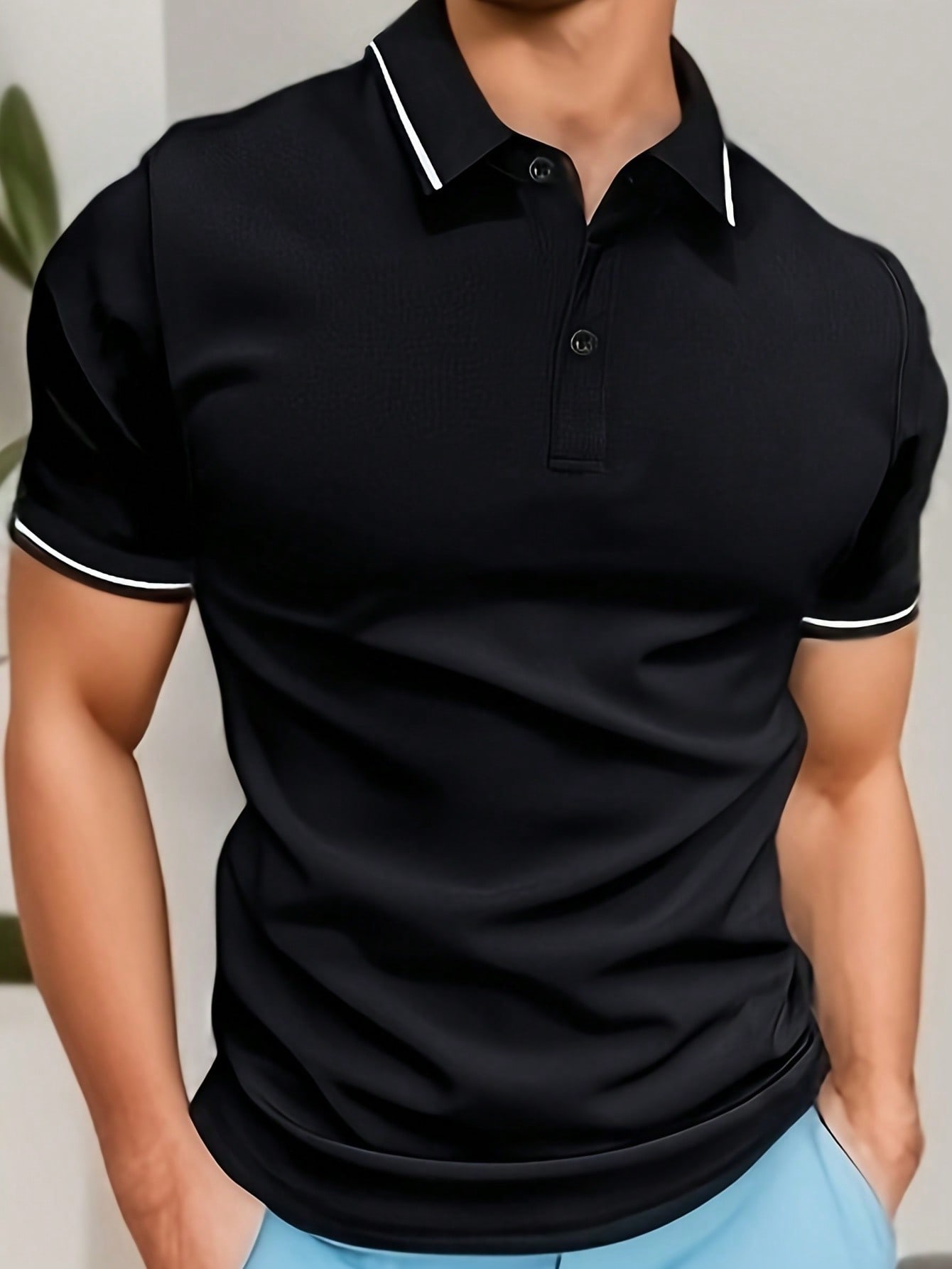Мужская рубашка поло с короткими рукавами и пуговицами с контрастной отделкой, черный рубашка мужская с коротким рукавом свободная повседневная с буквенным принтом b универсальная верхняя одежда модная уличная одежда
