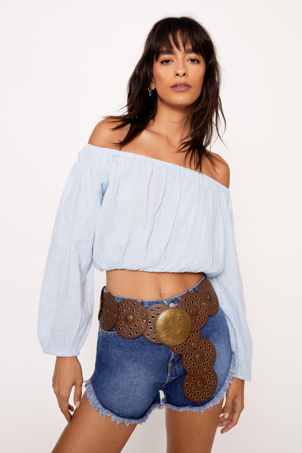 

Укороченный топ с пышными рукавами Bardot Nasty Gal, синий