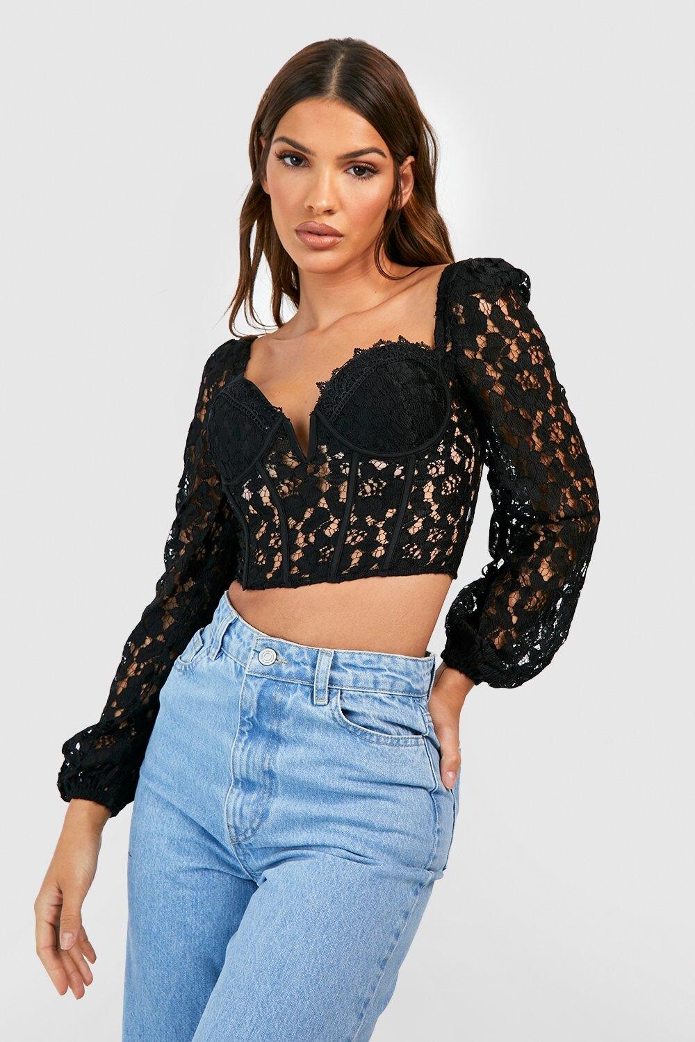 

Укороченный топ с кружевным рукавом и корсетом Boohoo, черный