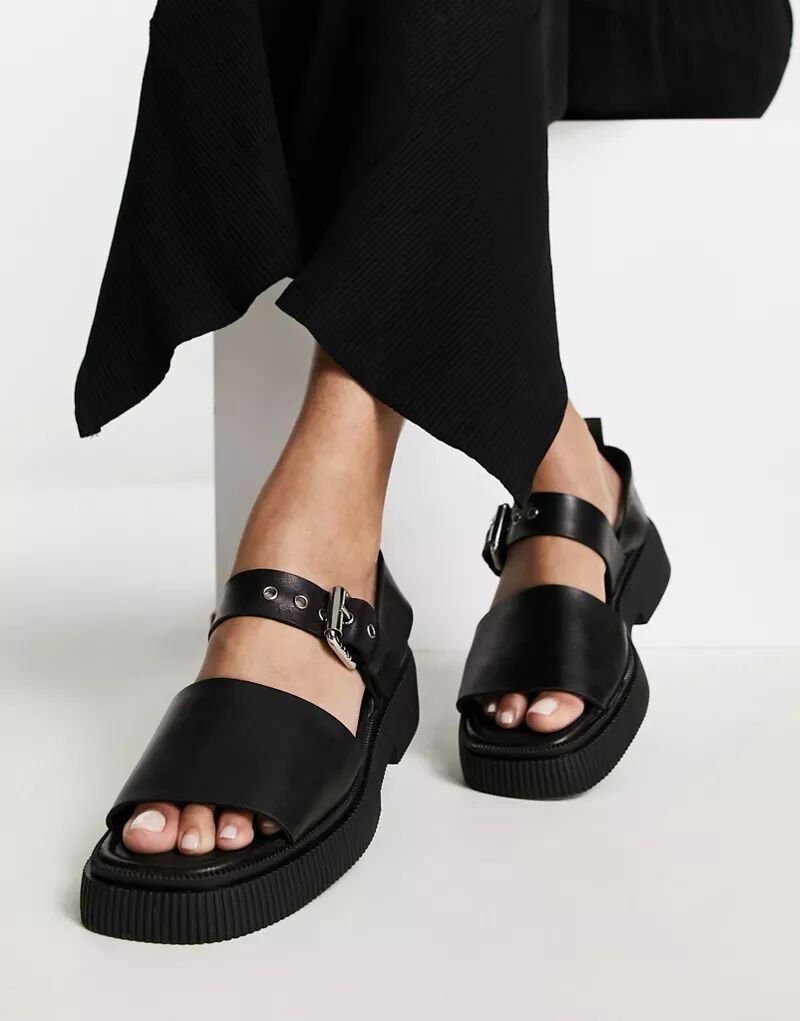 Черные кожаные сандалии на плоской подошве ASRA Exclusive Samba с ремешком с пряжкой
