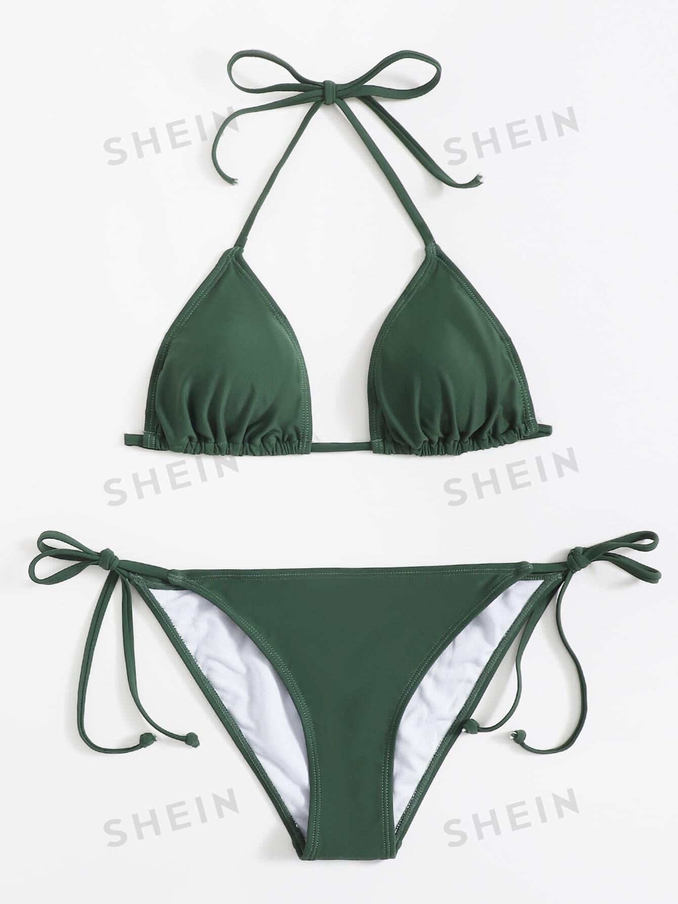 цена SHEIN Swim Vcay Женский комплект бикини с цветочной текстурой и вырезом через шею, темно-зеленый