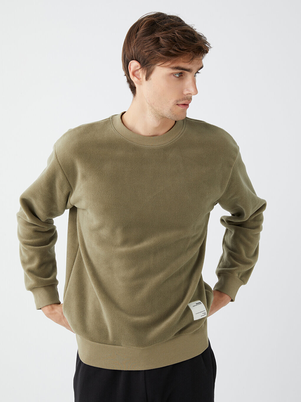 

Мужская флисовая толстовка с круглым вырезом и длинными рукавами LCW Casual, светлый хаки