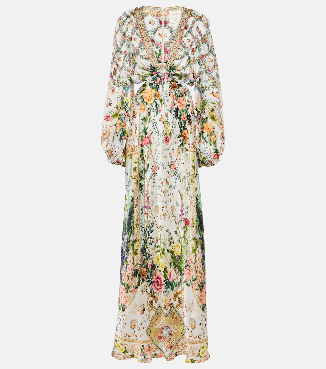 Шелковое платье макси с вырезами и декором Camilla, мультиколор