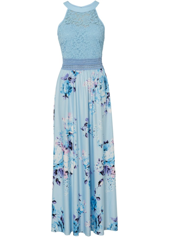 Летнее платье макси с цветочным принтом и кружевом Bodyflirt Boutique, голубой женское летнее длинное платье с открытыми плечами и цветочным принтом