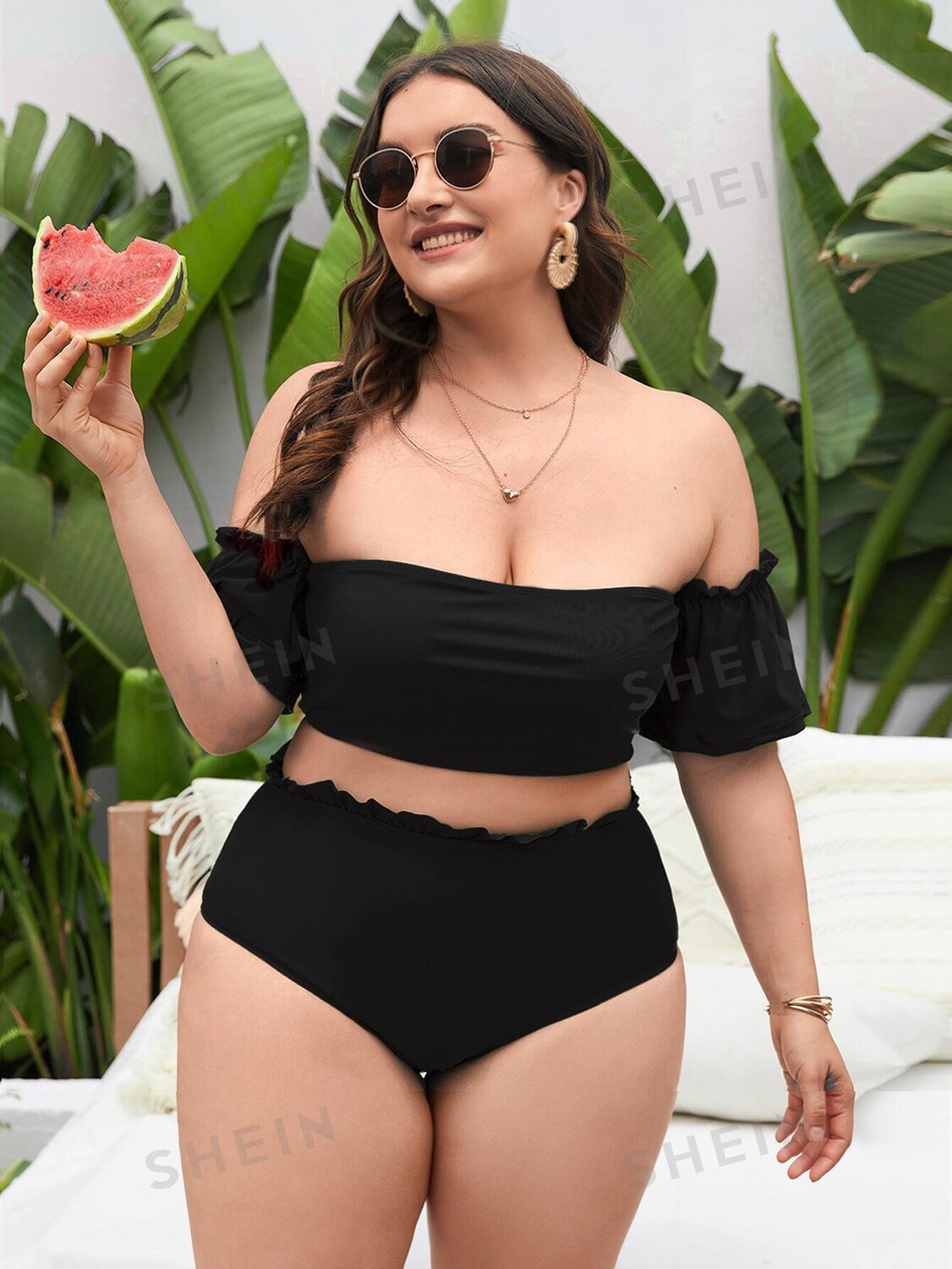 

Купальник Swim Curve, верх бикини большого размера, короткие рукава, бардо с рюшами и брюки с высокой талией Shein, черный