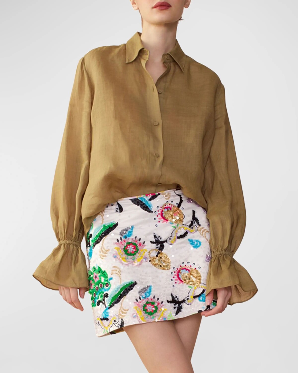 

Атласная мини-юбка с вышивкой и пайетками Cynthia Rowley, цвет White Multi