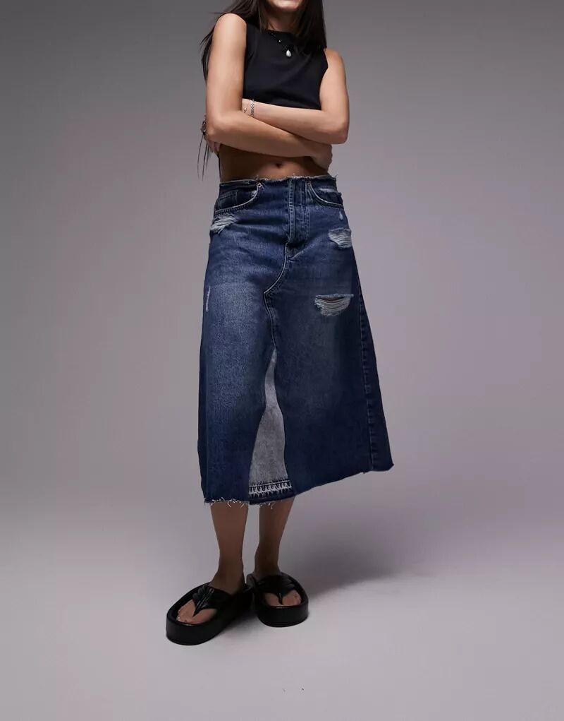 Голубая джинсовая юбка миди с расклешенным поясом и рваными краями Topshop