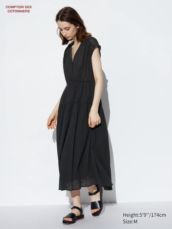 

Прозрачное длинное платье из хлопка в складку короткий рукав Uniqlo, черный