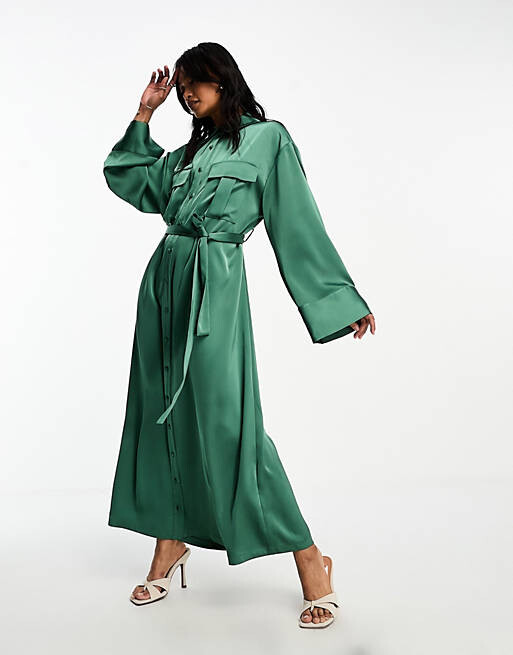 

Зеленое платье-рубашка макси из атласа премиум-класса ASOS DESIGN