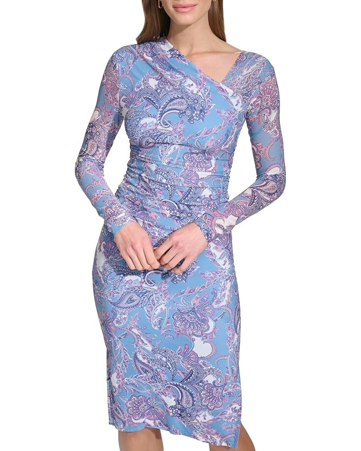 

Платье Vince Camuto Printed Mesh Bodycon With Asymmetrical Neckline, синий
