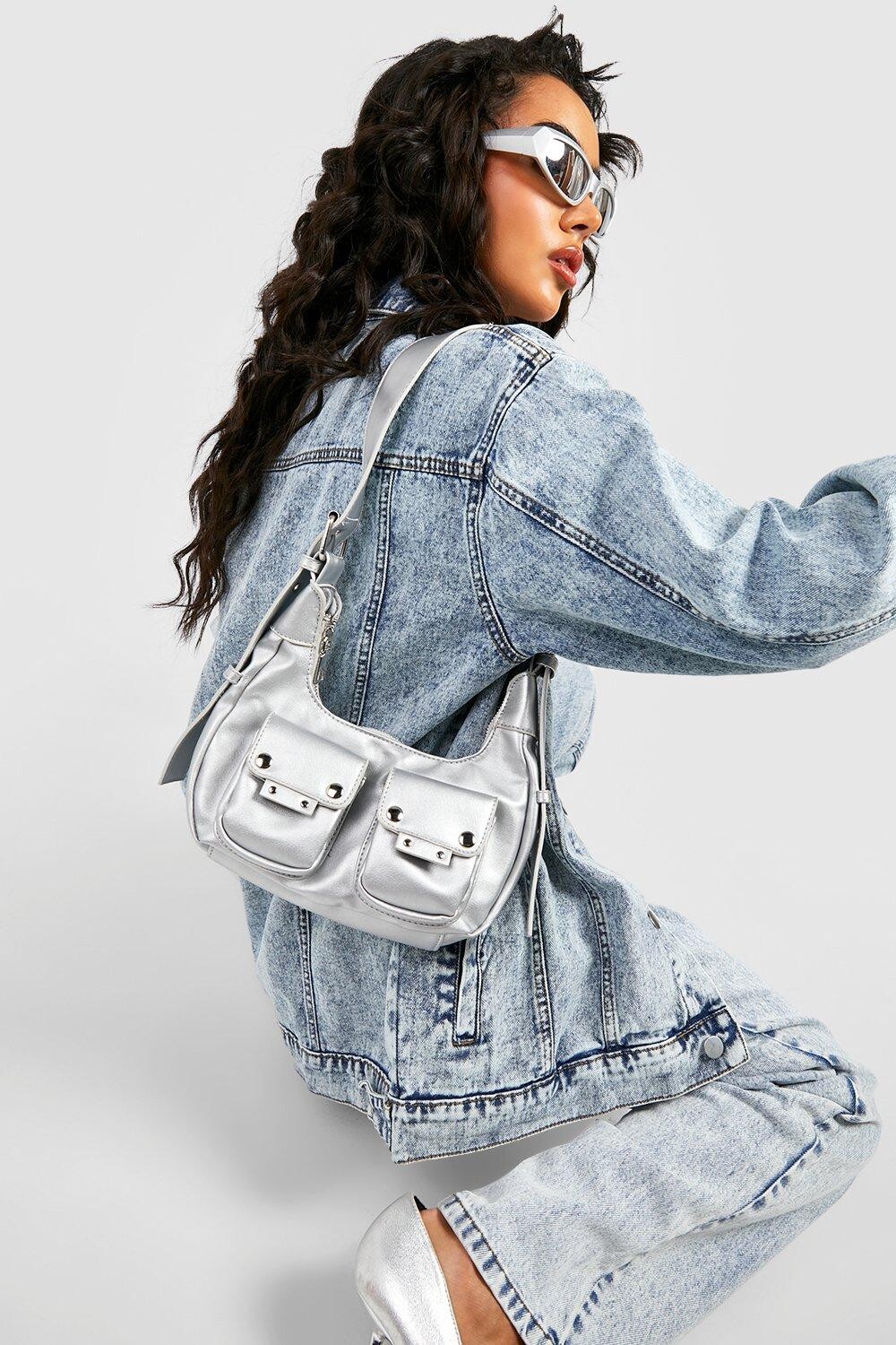

Сумка на плече с двойным карманом и заклепками Boohoo, серебряный, Серый