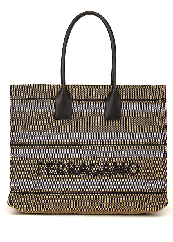 

Бежево-черная женская сумка в полоску с логотипом Ferragamo