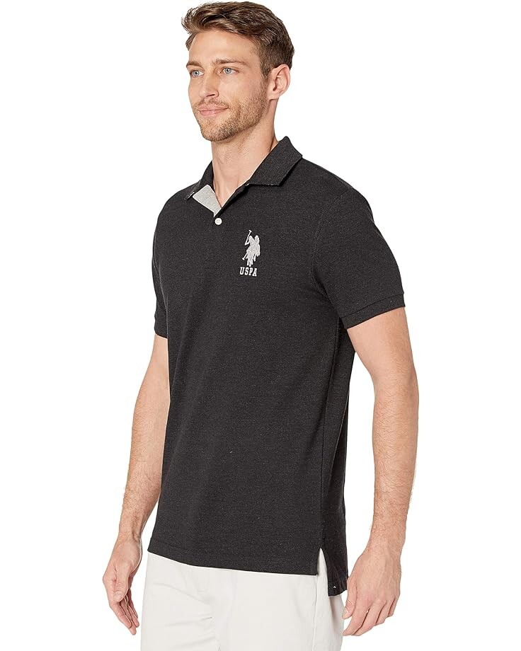 Поло U.S. POLO ASSN. Slim Fit Big Horse Polo with Stripe Collar, цвет Black Heather фотографии