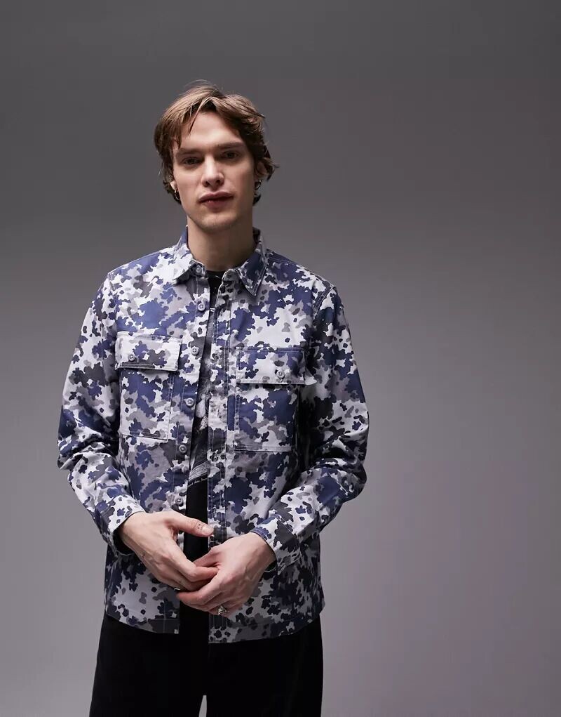 

Синяя рубашка с камуфляжным принтом Topman