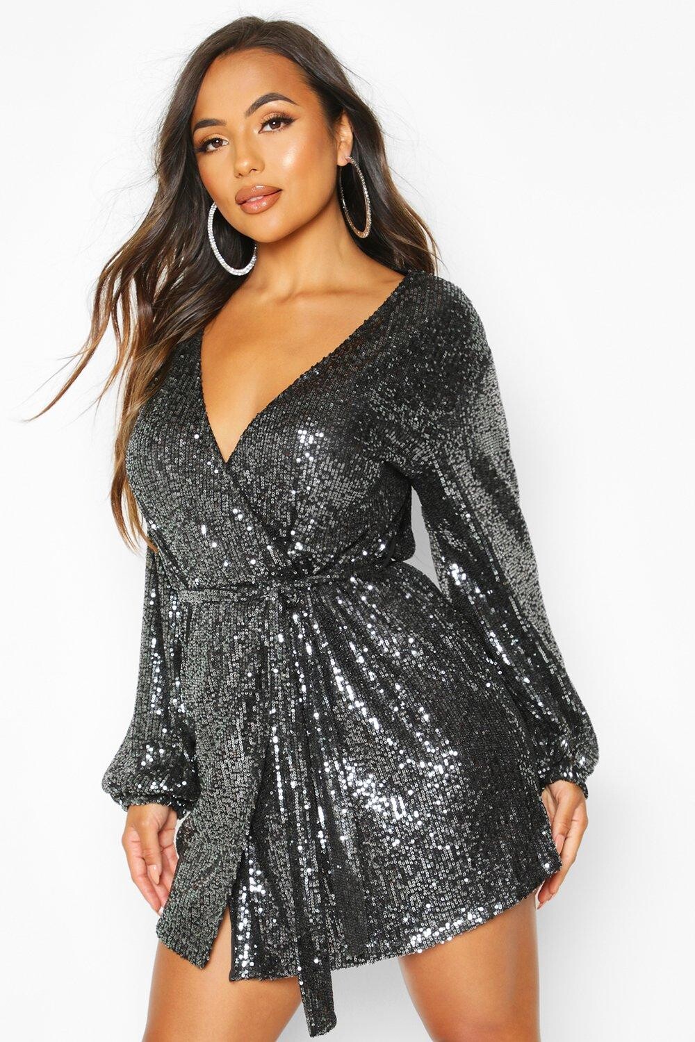 

Платье из пайеток с поясом и воздушными рукавами Boohoo, черный
