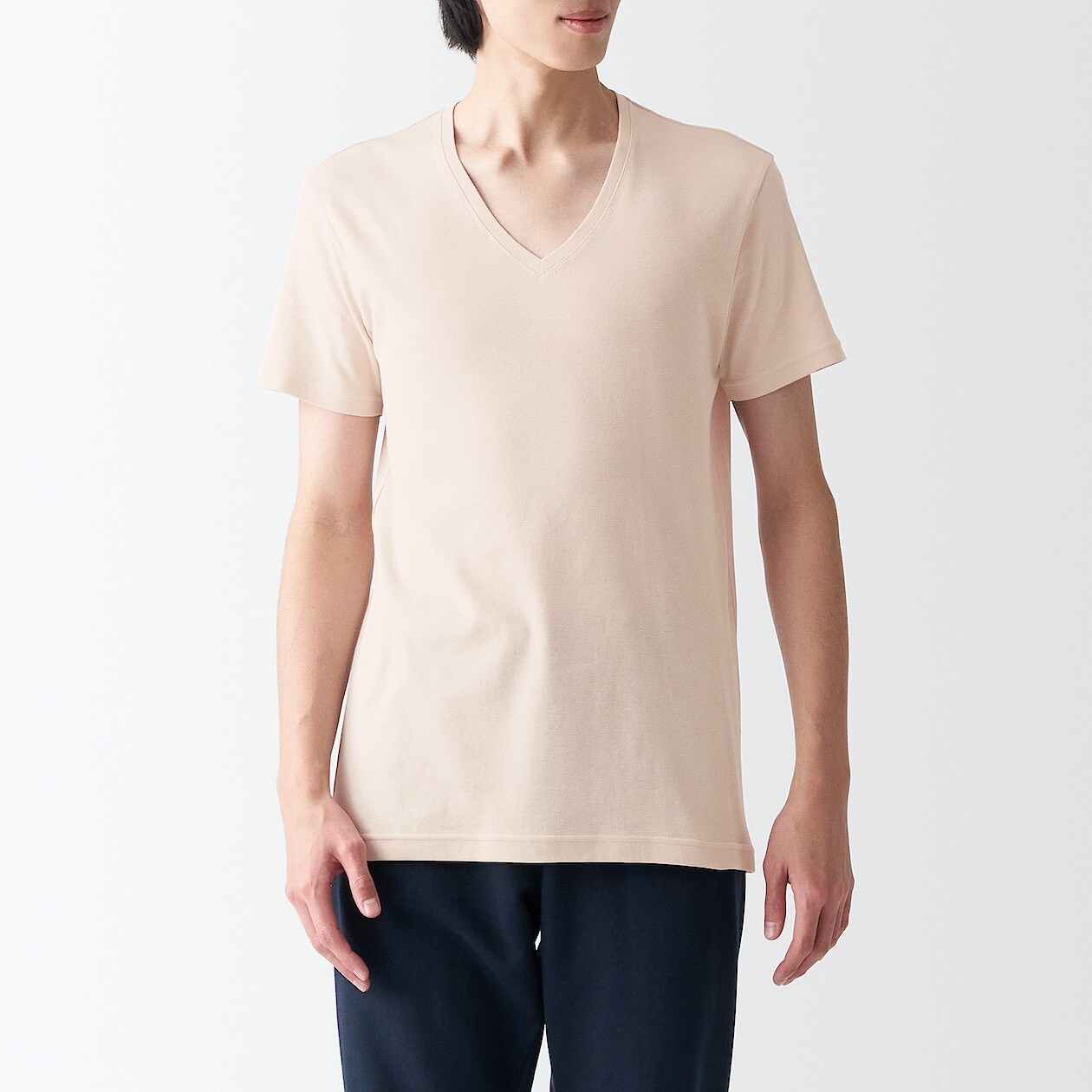 

Футболка из гладкого хлопка с V-образным вырезом и короткими рукавами MUJI, светло-бежевый