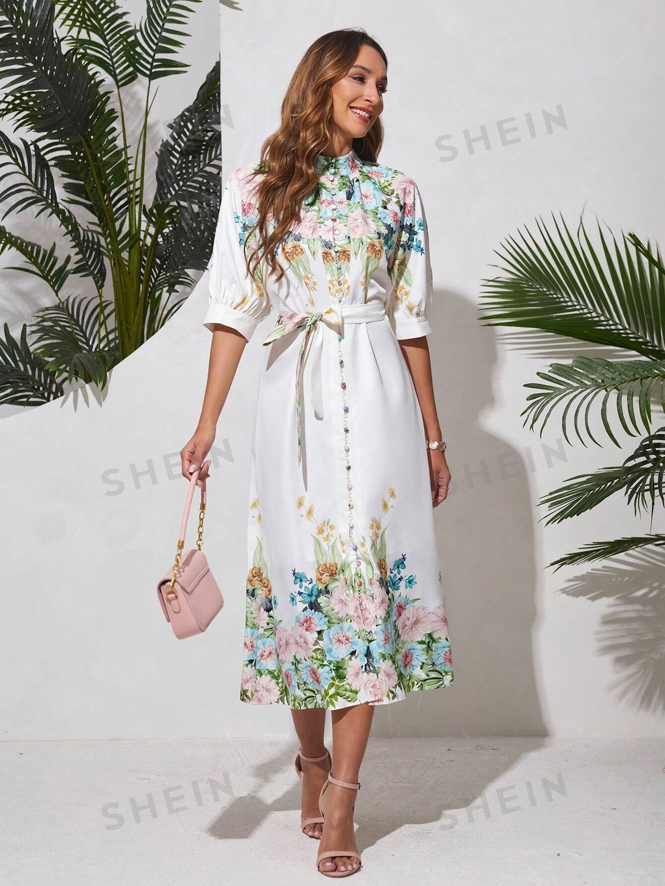 SHEIN VCAY Платье с цветочным принтом и воротником-стойкой и короткими рукавами, многоцветный платье с короткими рукавами и цветочным принтом 48 бежевый