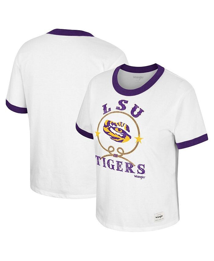 

Белая рваная футболка LSU Tigers Freehand Ringer для женщин x Wrangler Colosseum, белый