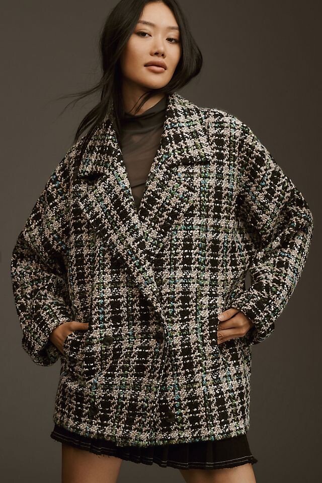 

Двубортное твидовое пальто от Anthropologie, синий мотив